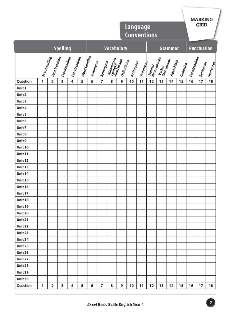 Sample interior page from the Excel Basic Skills English Year 4 workbook, showing example activities as displayed in the publisher gallery