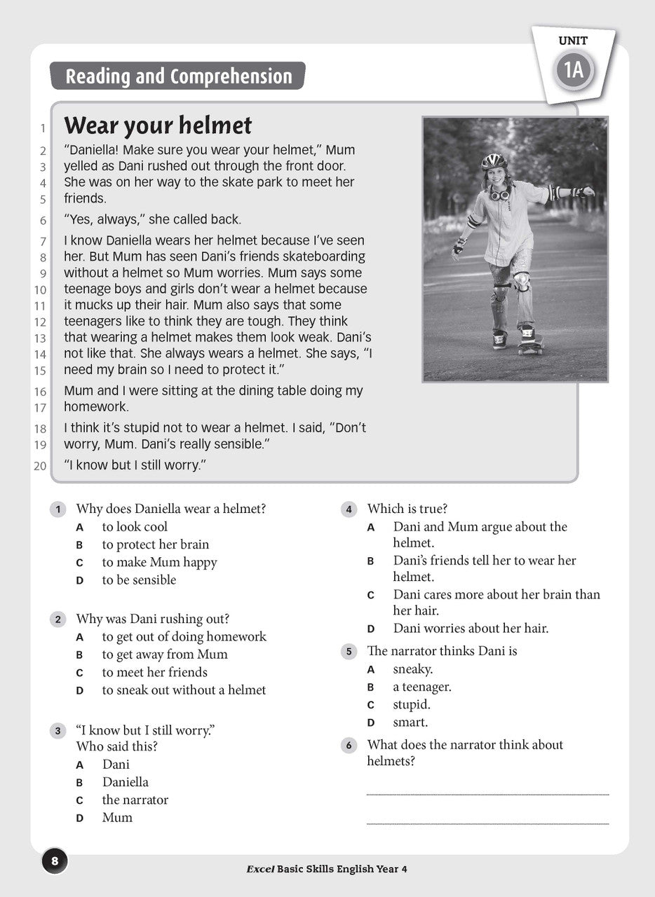 Sample interior page from the Excel Basic Skills English Year 4 workbook, showing example activities as displayed in the publisher gallery