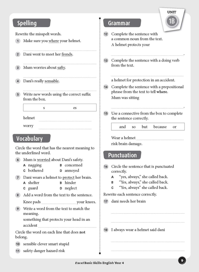 Sample interior page from the Excel Basic Skills English Year 4 workbook, showing example activities as displayed in the publisher gallery