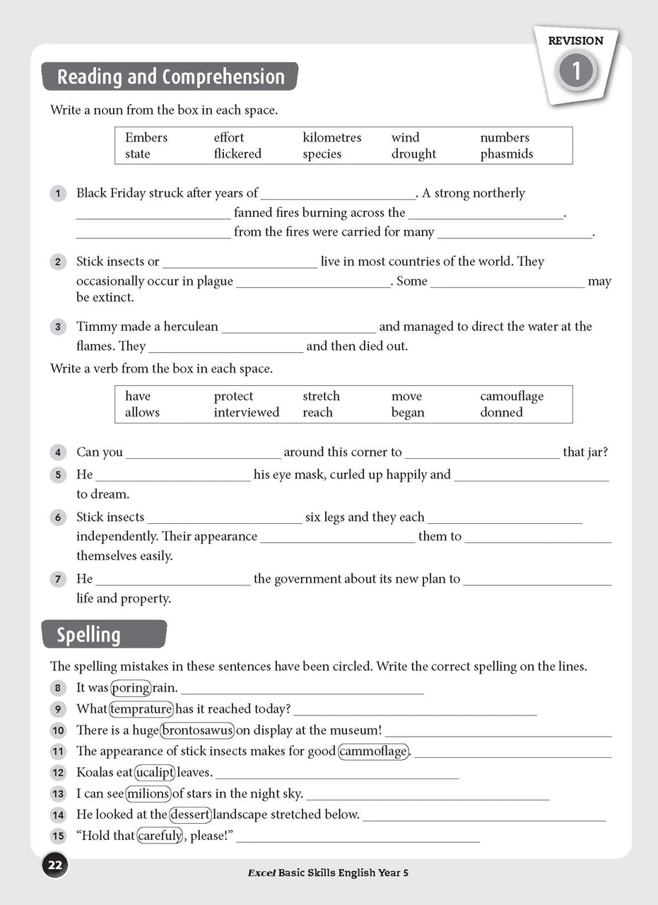 Sample interior page from the Excel Basic Skills English Year 5 workbook, showing example activities as displayed in the publisher gallery