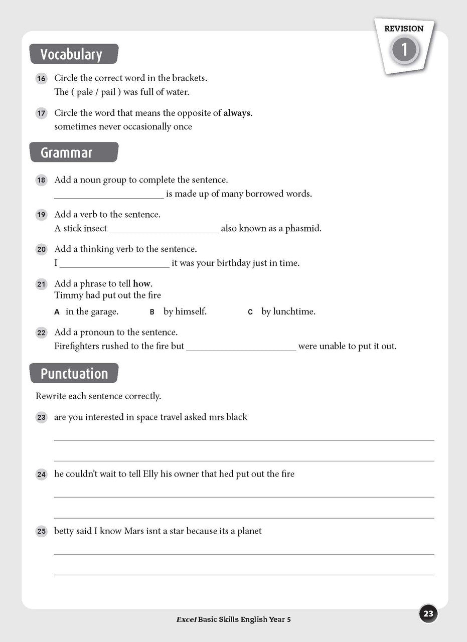 Sample interior page from the Excel Basic Skills English Year 5 workbook, showing example activities as displayed in the publisher gallery