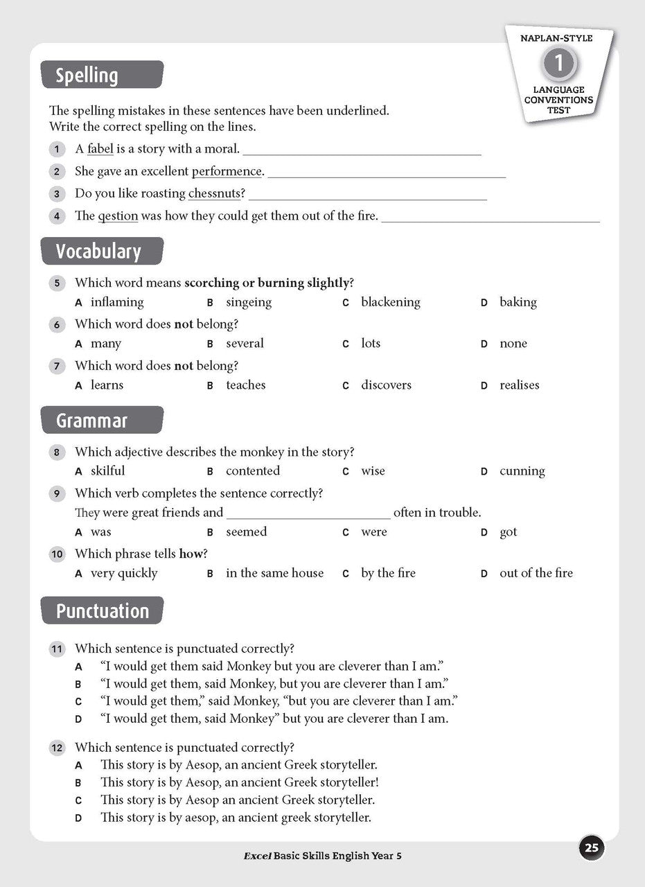 Sample interior page from the Excel Basic Skills English Year 5 workbook, showing example activities as displayed in the publisher gallery