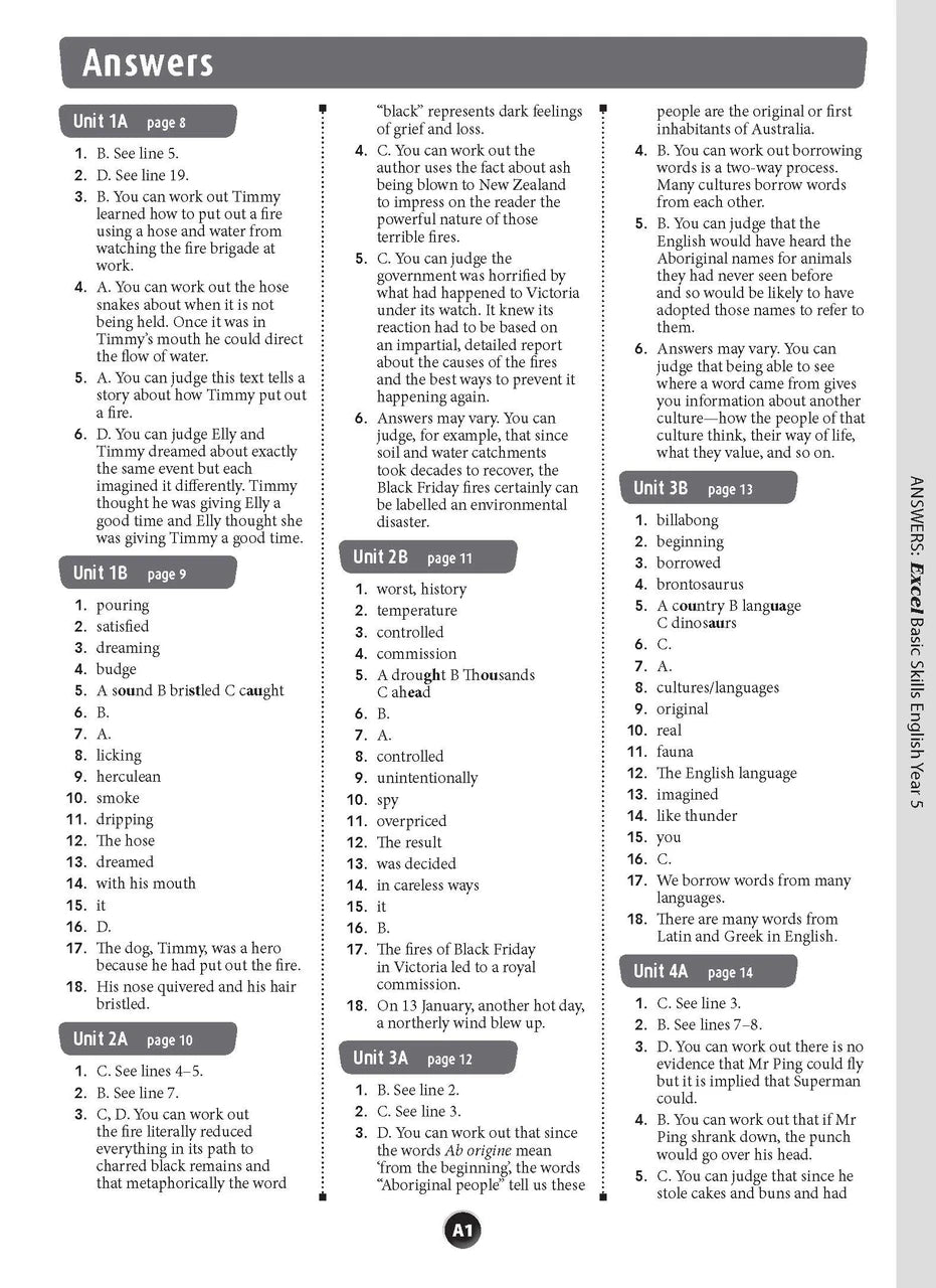 Sample interior page from the Excel Basic Skills English Year 5 workbook, showing example activities as displayed in the publisher gallery