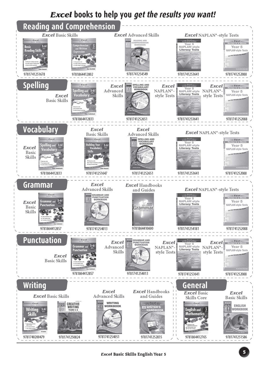 Sample interior page from the Excel Basic Skills English Year 5 workbook, showing example activities as displayed in the publisher gallery