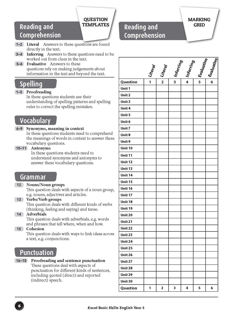 Sample interior page from the Excel Basic Skills English Year 5 workbook, showing example activities as displayed in the publisher gallery