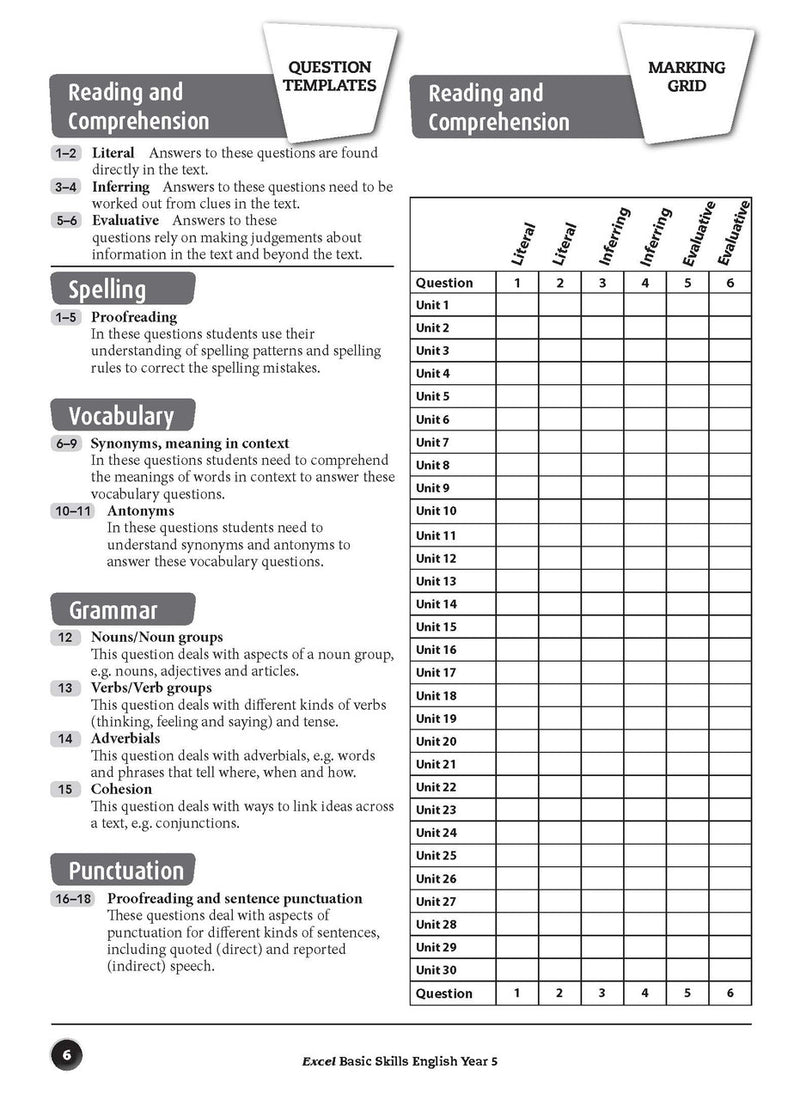 Sample interior page from the Excel Basic Skills English Year 5 workbook, showing example activities as displayed in the publisher gallery
