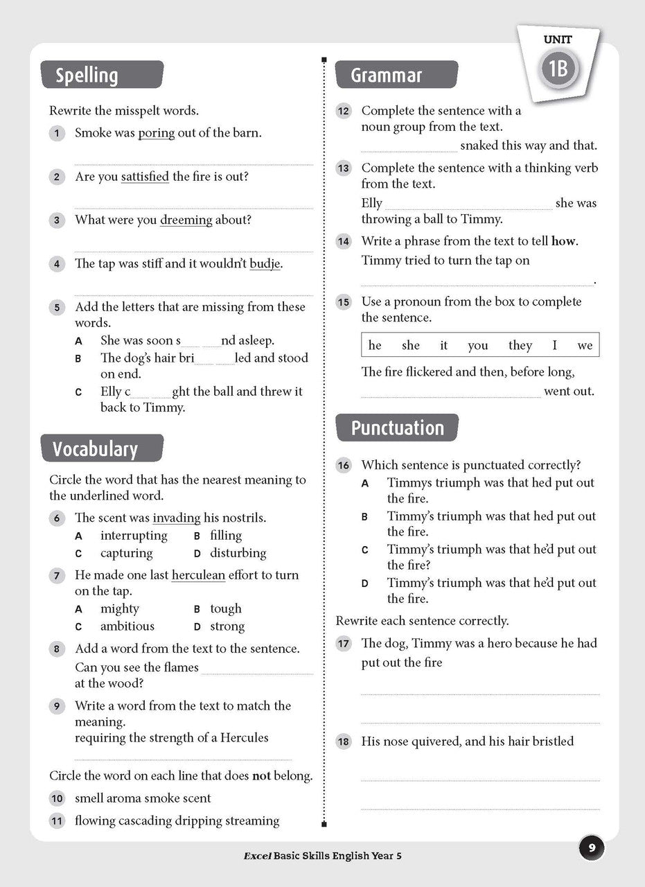 Sample interior page from the Excel Basic Skills English Year 5 workbook, showing example activities as displayed in the publisher gallery