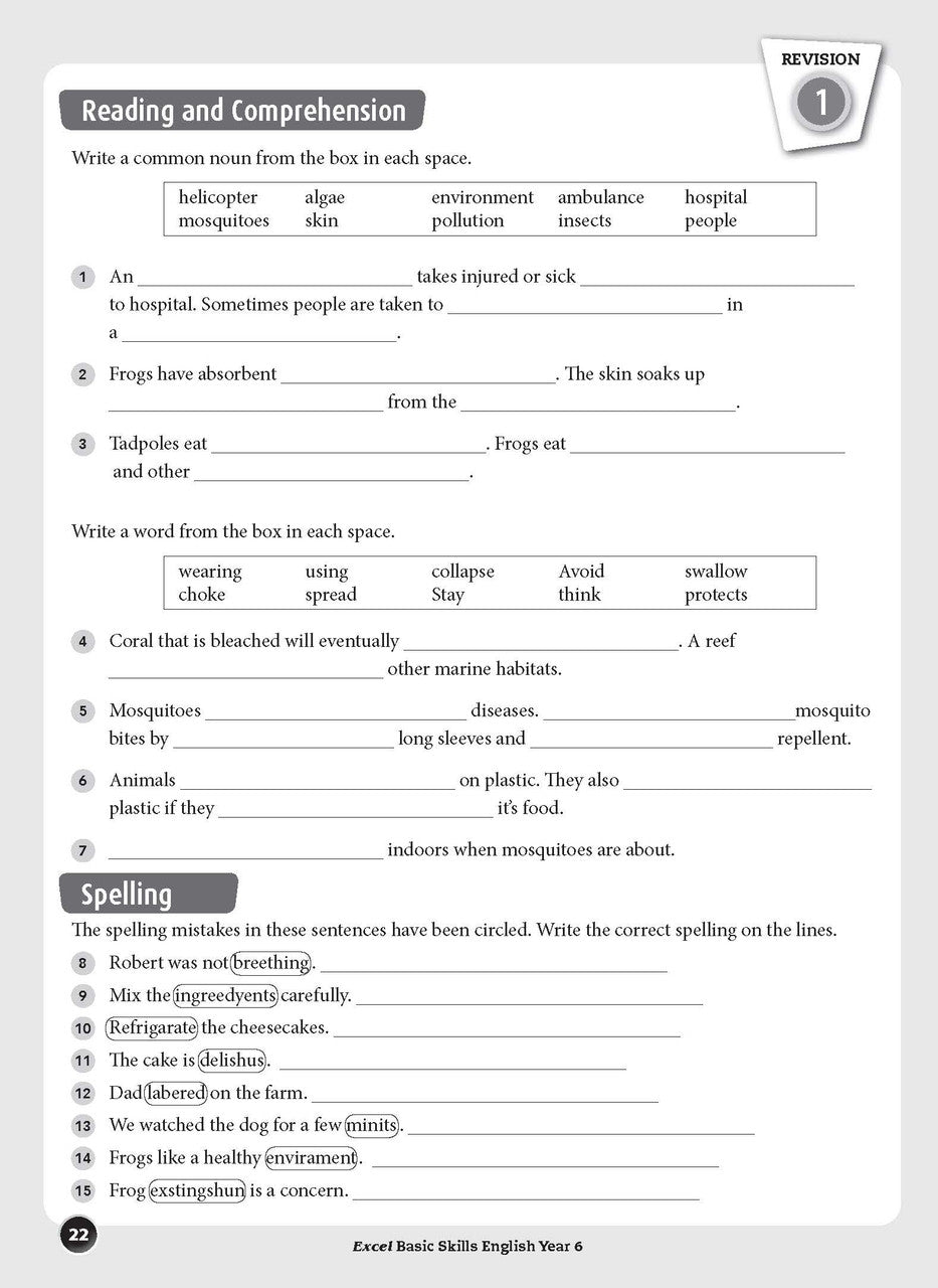 Sample interior page from the Excel Basic Skills English Year 6 workbook, showing example activities as displayed in the publisher gallery