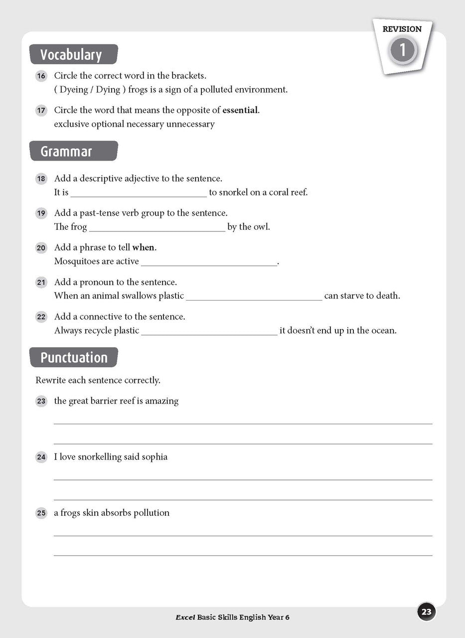 Sample interior page from the Excel Basic Skills English Year 6 workbook, showing example activities as displayed in the publisher gallery