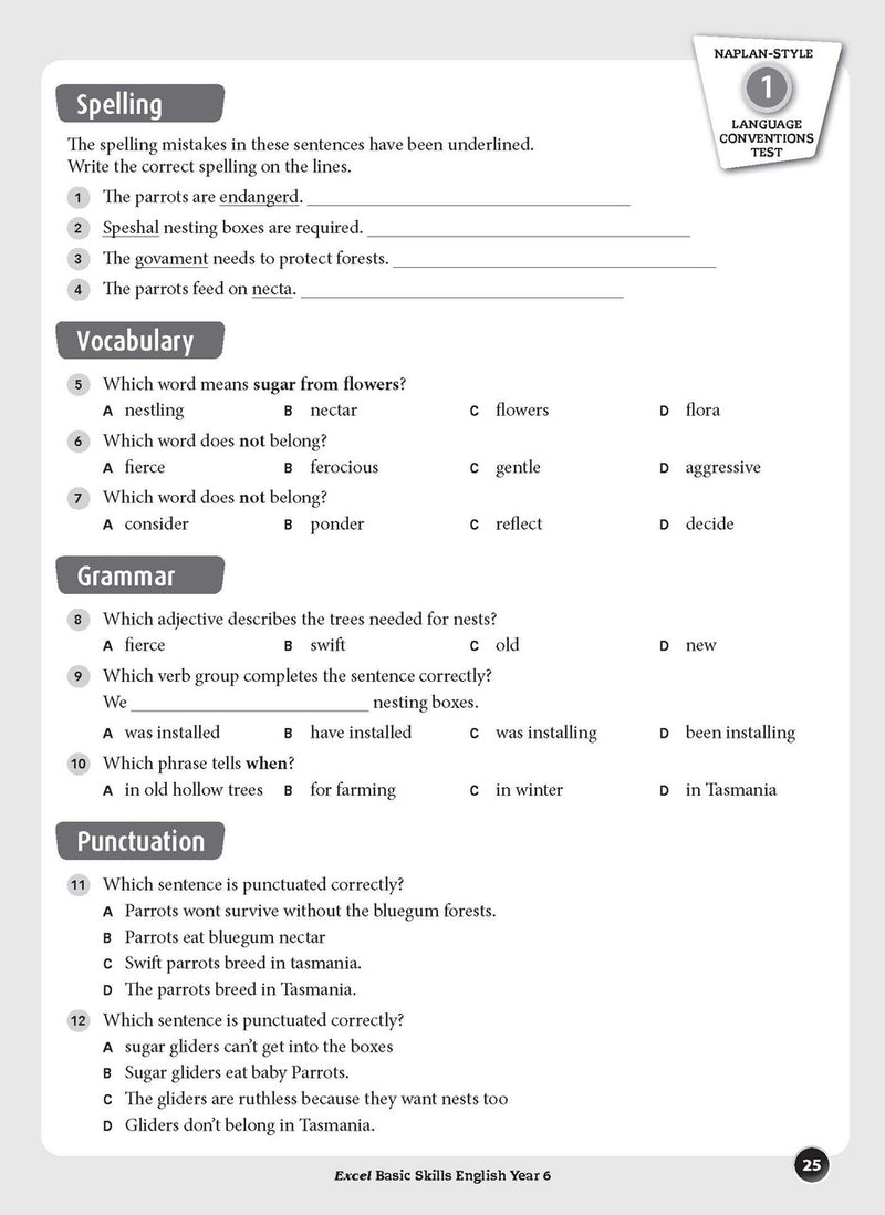 Sample interior page from the Excel Basic Skills English Year 6 workbook, showing example activities as displayed in the publisher gallery