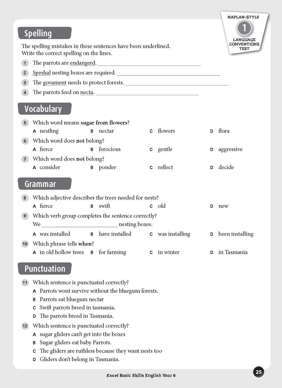 Sample interior page from the Excel Basic Skills English Year 6 workbook, showing example activities as displayed in the publisher gallery
