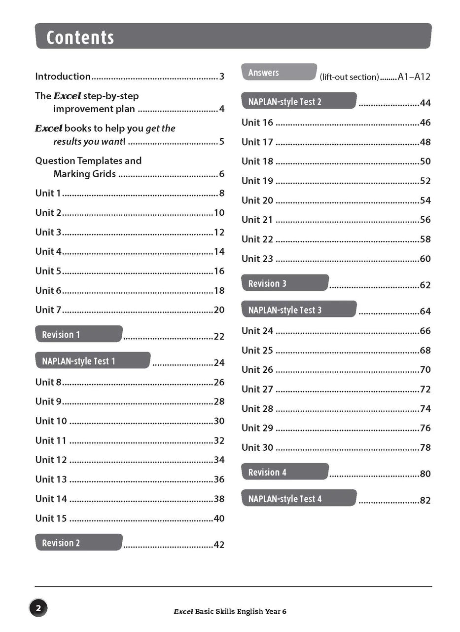 Sample interior page from the Excel Basic Skills English Year 6 workbook, showing example activities as displayed in the publisher gallery