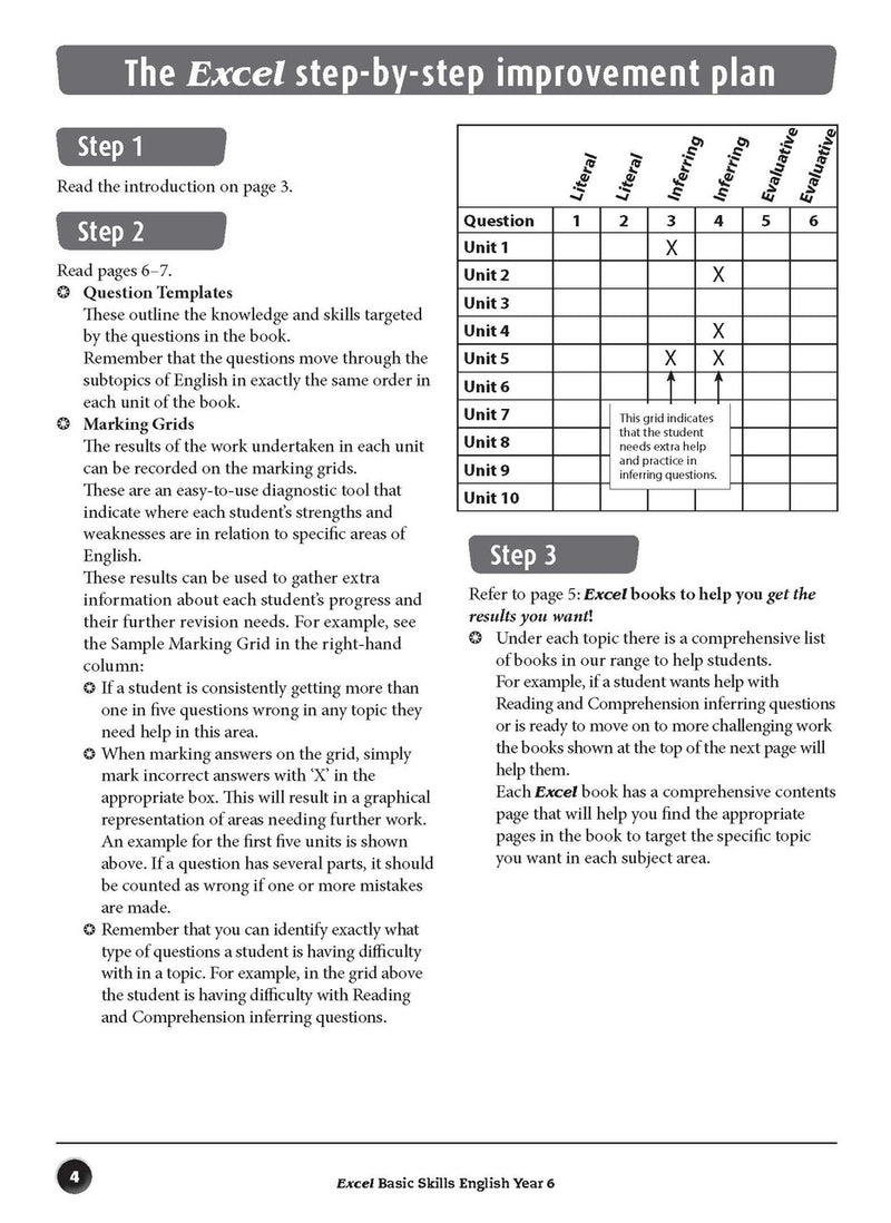 Sample interior page from the Excel Basic Skills English Year 6 workbook, showing example activities as displayed in the publisher gallery