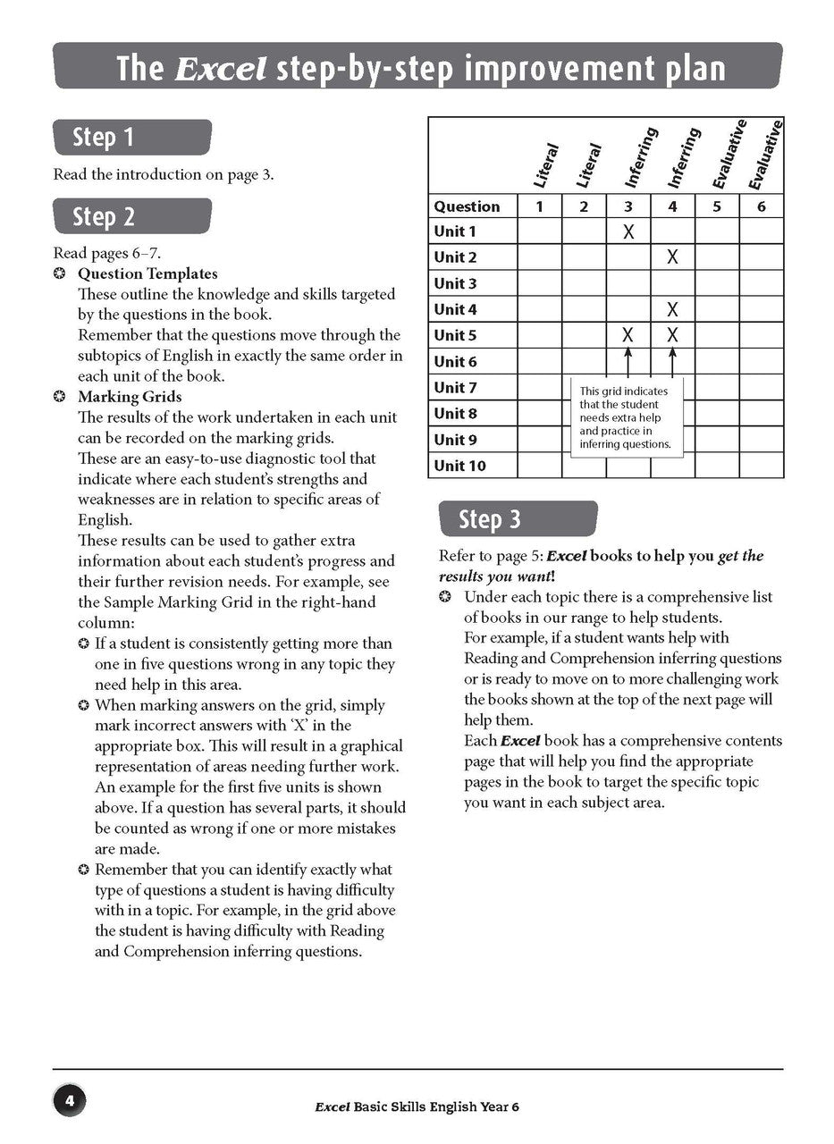 Sample interior page from the Excel Basic Skills English Year 6 workbook, showing example activities as displayed in the publisher gallery