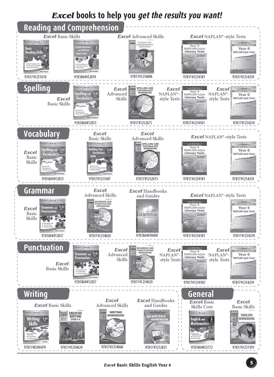 Sample interior page from the Excel Basic Skills English Year 6 workbook, showing example activities as displayed in the publisher gallery