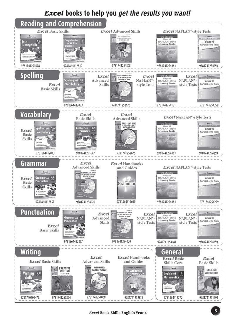 Sample interior page from the Excel Basic Skills English Year 6 workbook, showing example activities as displayed in the publisher gallery