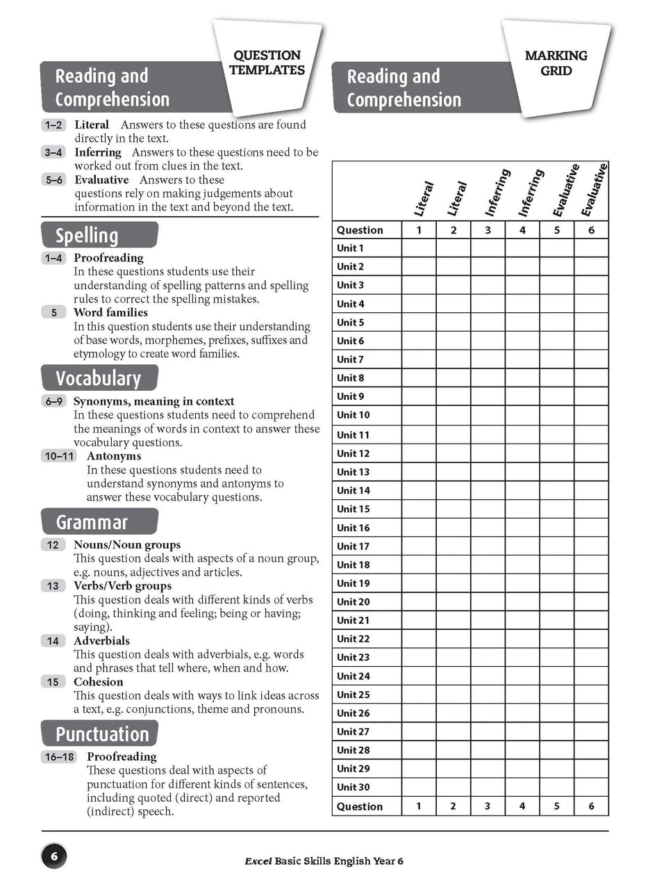 Sample interior page from the Excel Basic Skills English Year 6 workbook, showing example activities as displayed in the publisher gallery