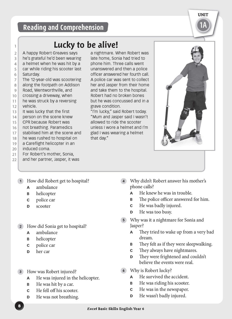 Sample interior page from the Excel Basic Skills English Year 6 workbook, showing example activities as displayed in the publisher gallery