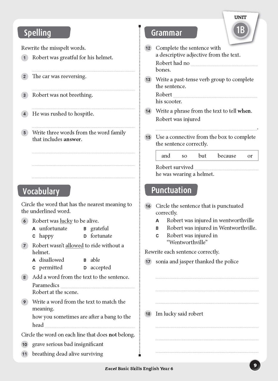 Sample interior page from the Excel Basic Skills English Year 6 workbook, showing example activities as displayed in the publisher gallery