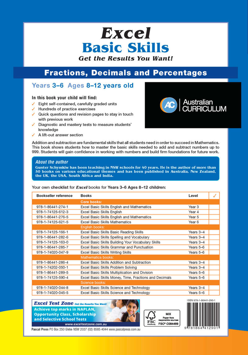 Sample interior page from the Excel Basic Skills Fractions, Decimals and Percentages Years 3-6 workbook, as shown in the Pascal Press gallery