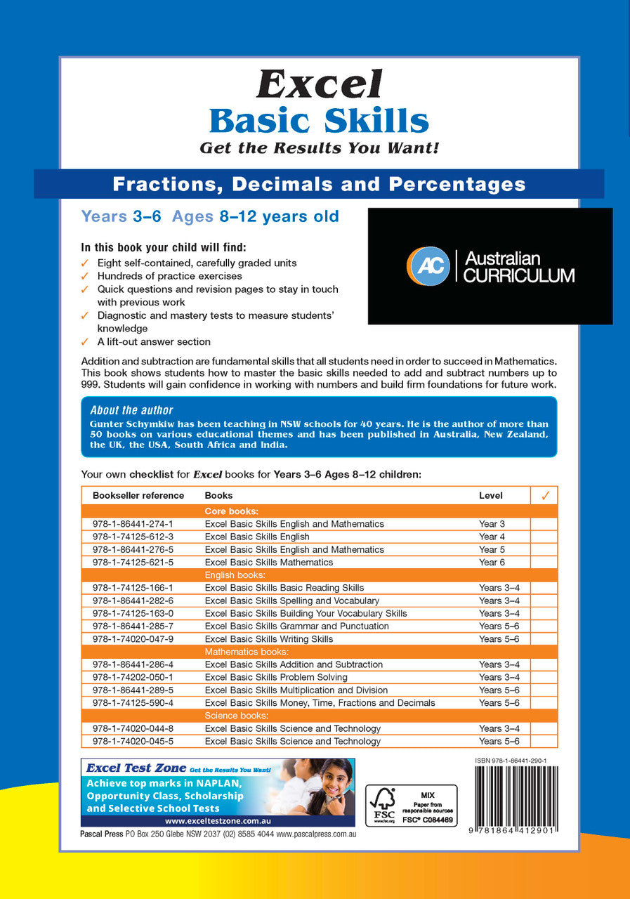 Sample interior page from the Excel Basic Skills Fractions, Decimals and Percentages Years 3-6 workbook, as shown in the Pascal Press gallery