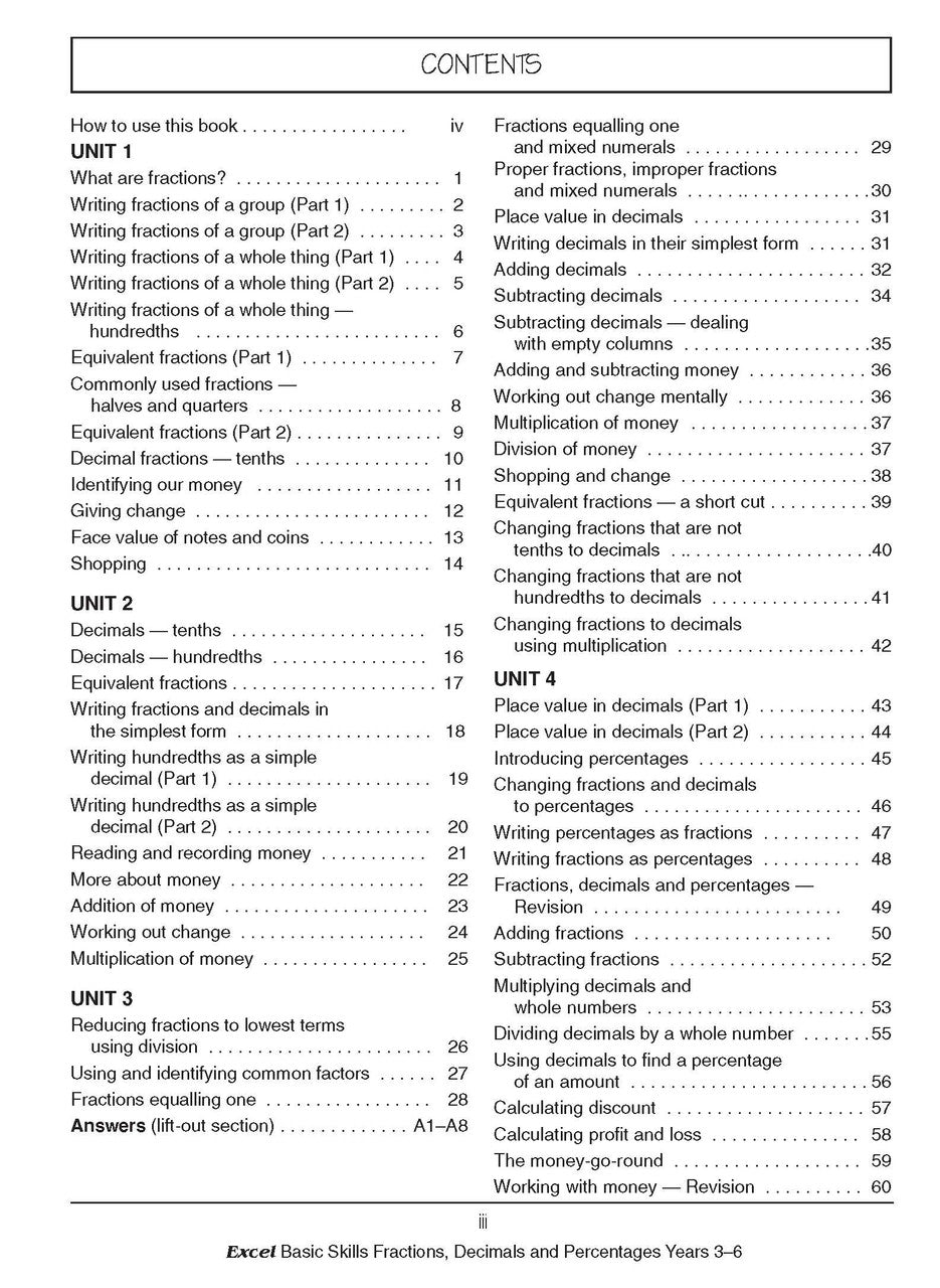 Sample interior page from the Excel Basic Skills Fractions, Decimals and Percentages Years 3-6 workbook, as shown in the Pascal Press gallery