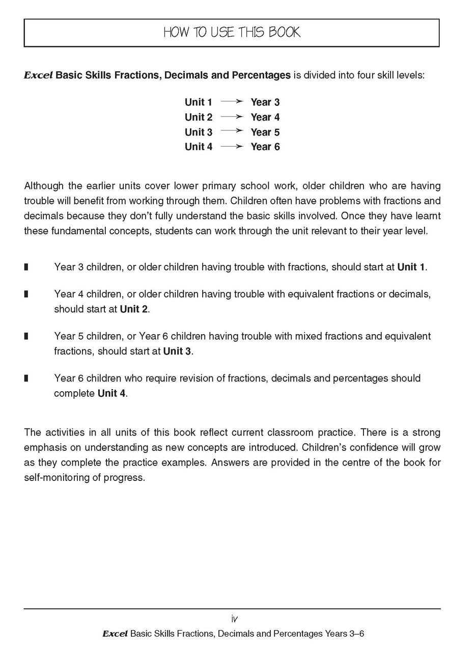 Sample interior page from the Excel Basic Skills Fractions, Decimals and Percentages Years 3-6 workbook, as shown in the Pascal Press gallery