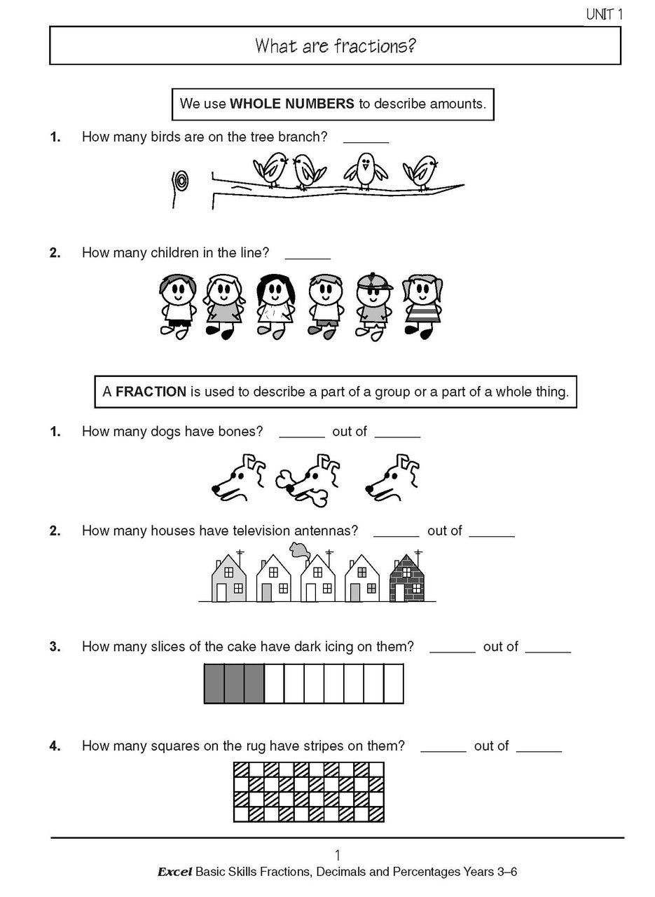 Sample interior page from the Excel Basic Skills Fractions, Decimals and Percentages Years 3-6 workbook, as shown in the Pascal Press gallery