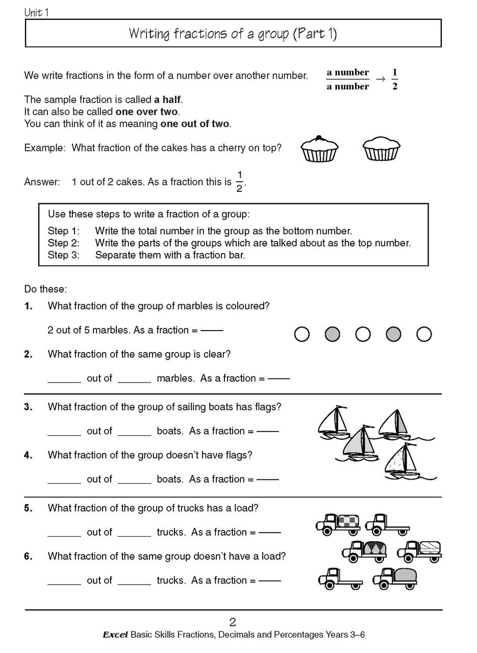 Sample interior page from the Excel Basic Skills Fractions, Decimals and Percentages Years 3-6 workbook, as shown in the Pascal Press gallery