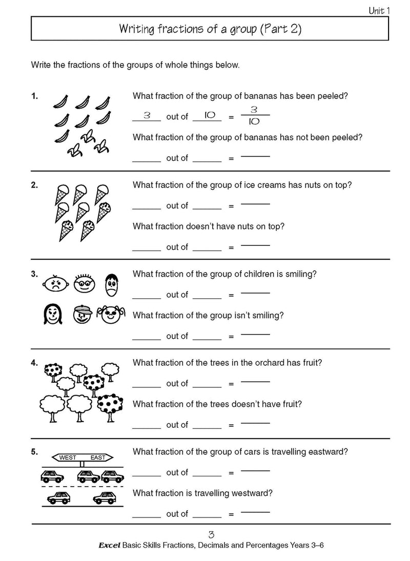 Sample interior page from the Excel Basic Skills Fractions, Decimals and Percentages Years 3-6 workbook, as shown in the Pascal Press gallery