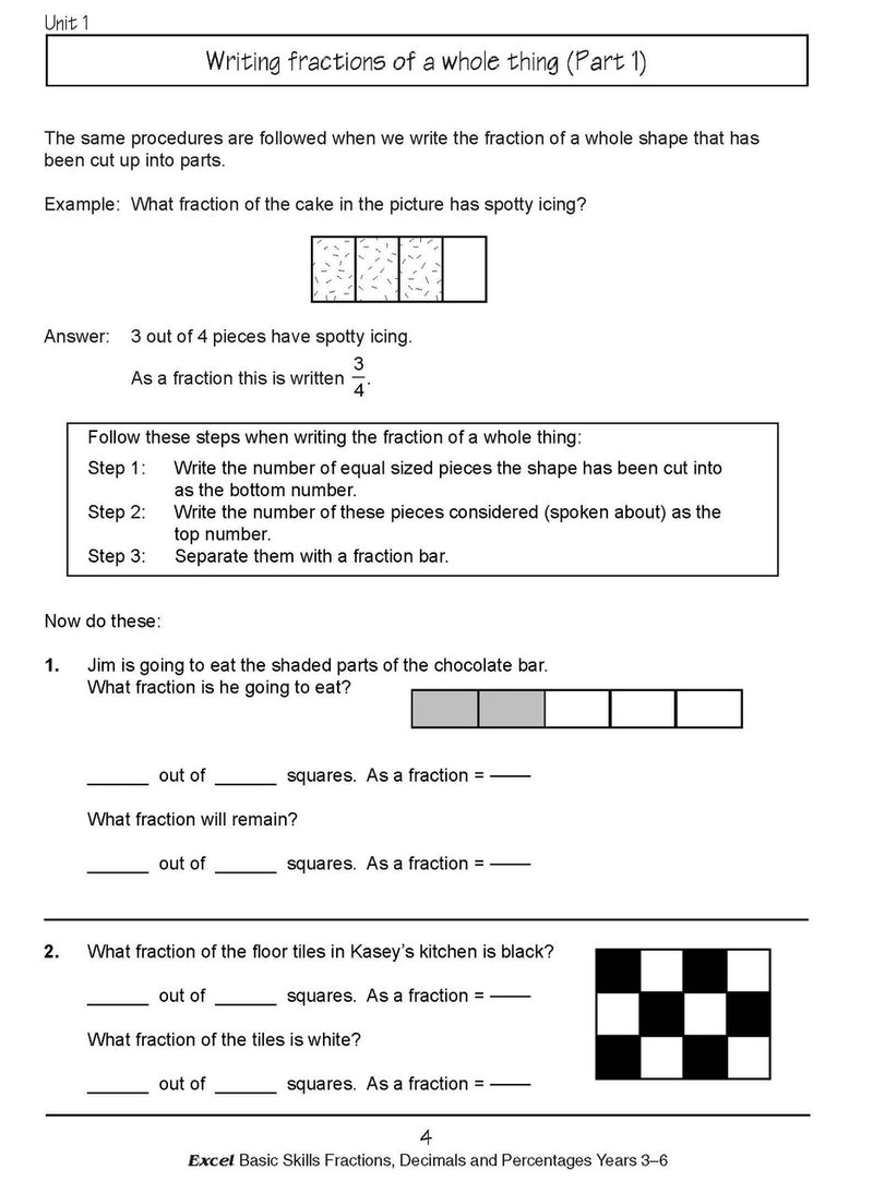 Sample interior page from the Excel Basic Skills Fractions, Decimals and Percentages Years 3-6 workbook, as shown in the Pascal Press gallery