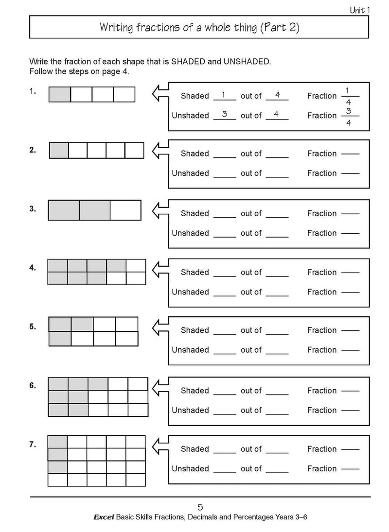 Sample interior page from the Excel Basic Skills Fractions, Decimals and Percentages Years 3-6 workbook, as shown in the Pascal Press gallery