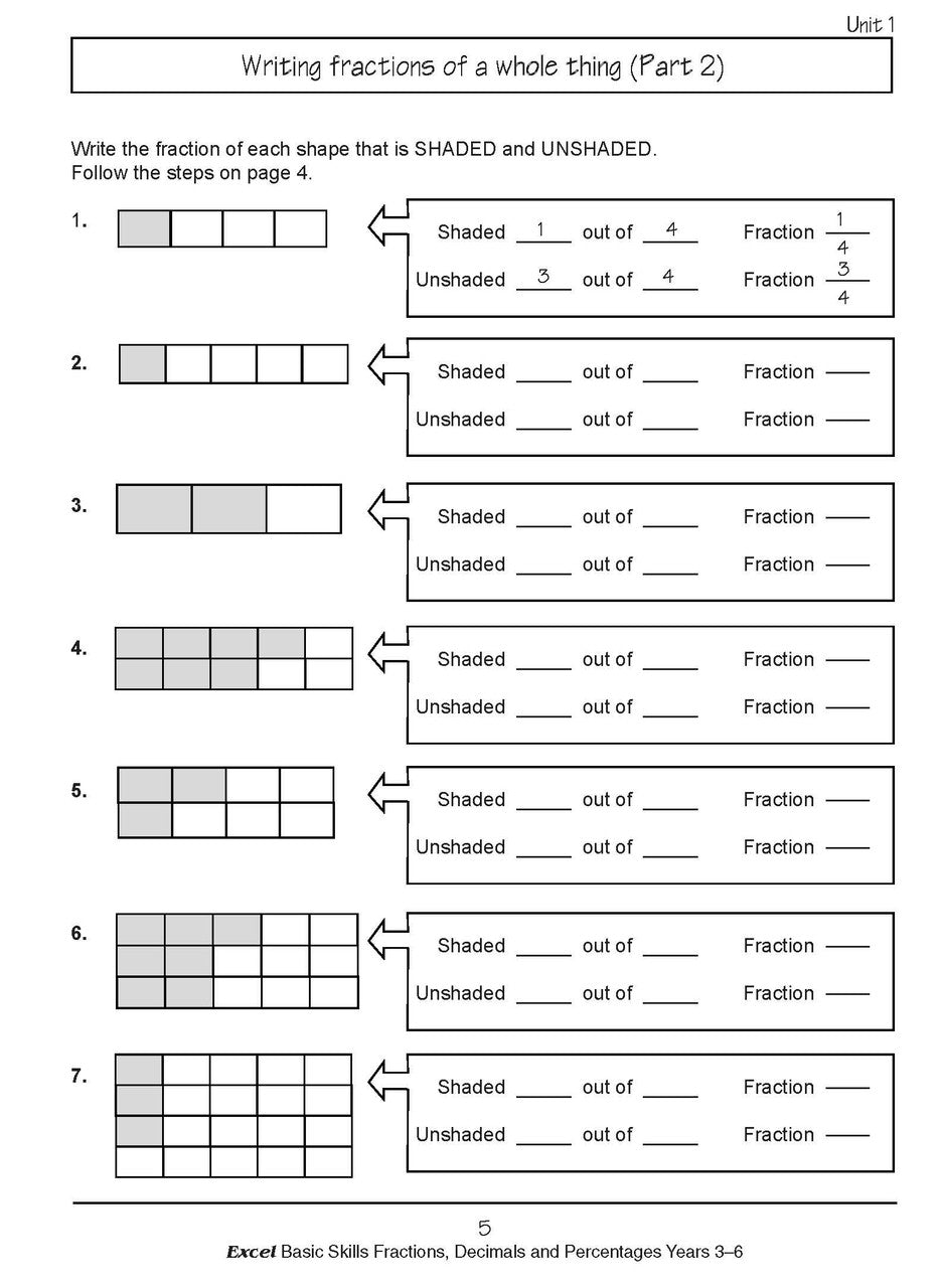 Sample interior page from the Excel Basic Skills Fractions, Decimals and Percentages Years 3-6 workbook, as shown in the Pascal Press gallery