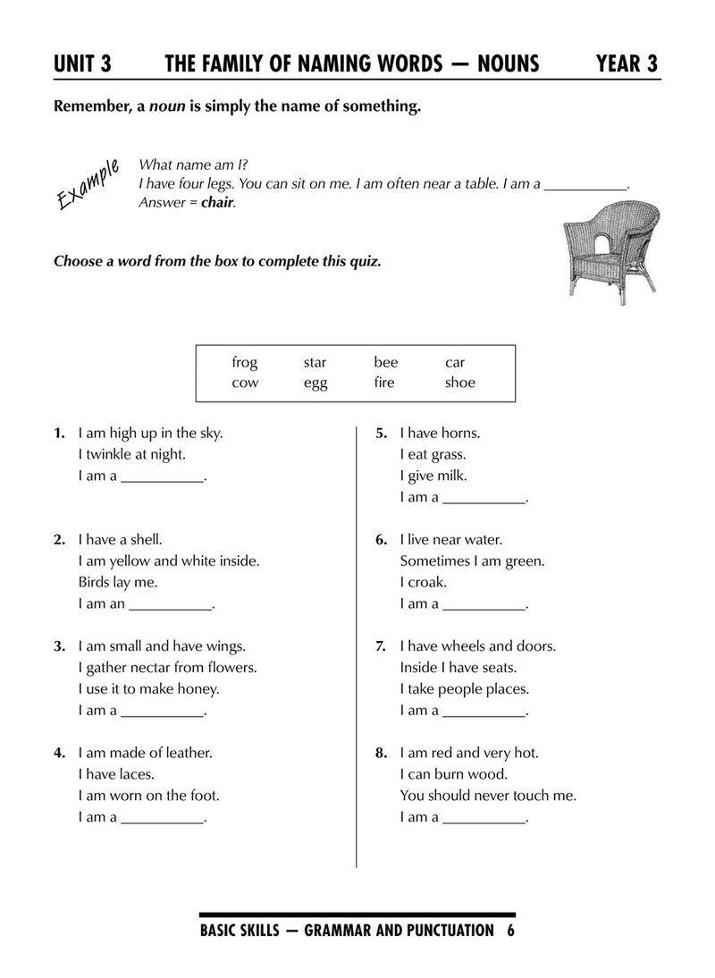 Sample interior page from the Excel Basic Skills Grammar and Punctuation Years 3-4 workbook as shown in the Pascal Press gallery