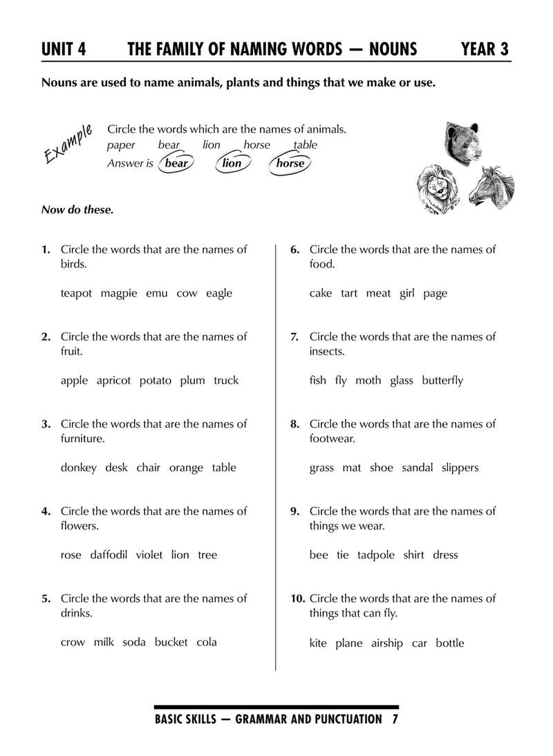Sample interior page from the Excel Basic Skills Grammar and Punctuation Years 3-4 workbook as shown in the Pascal Press gallery