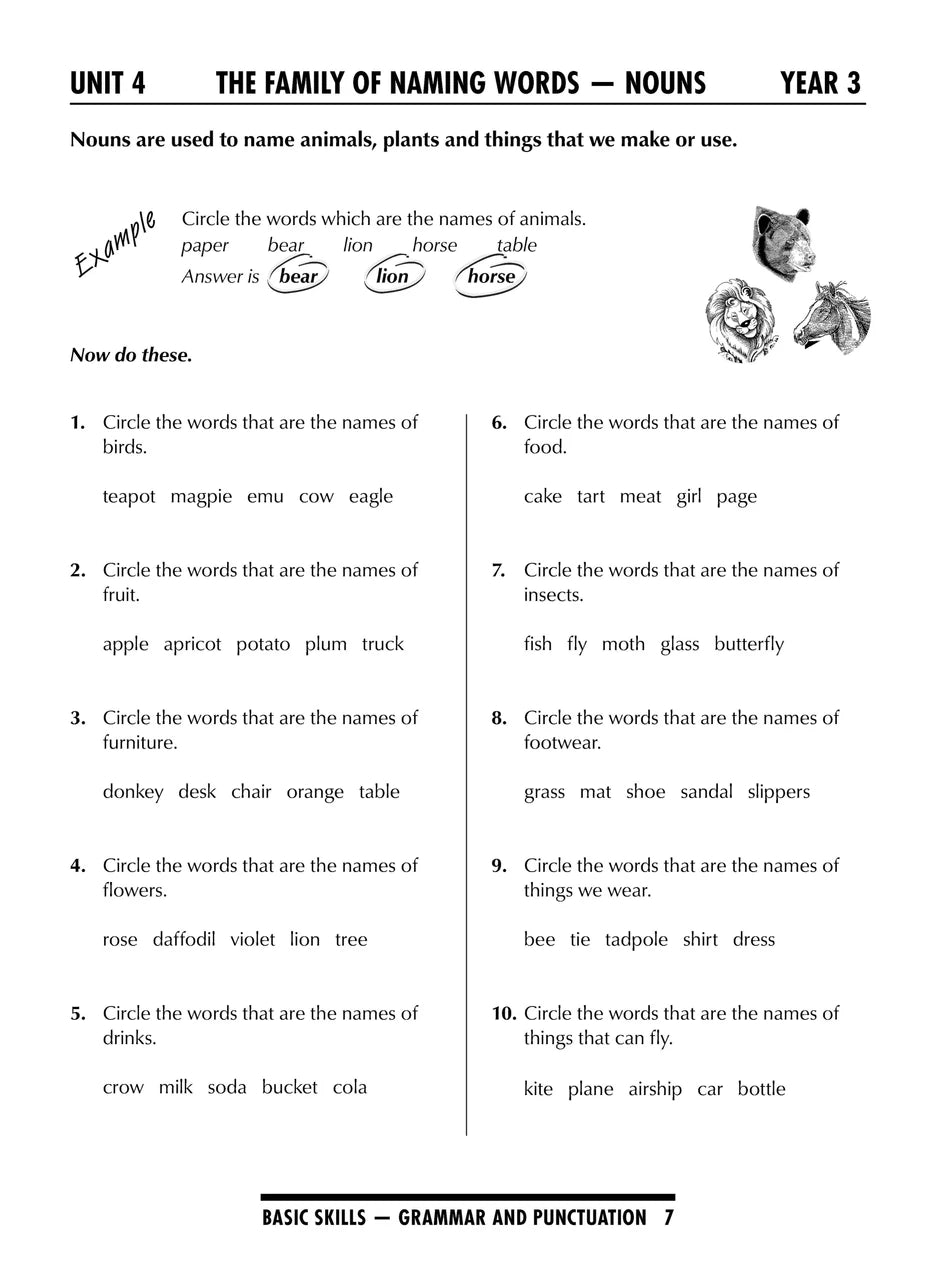 Sample interior page from the Excel Basic Skills Grammar and Punctuation Years 3-4 workbook as shown in the Pascal Press gallery