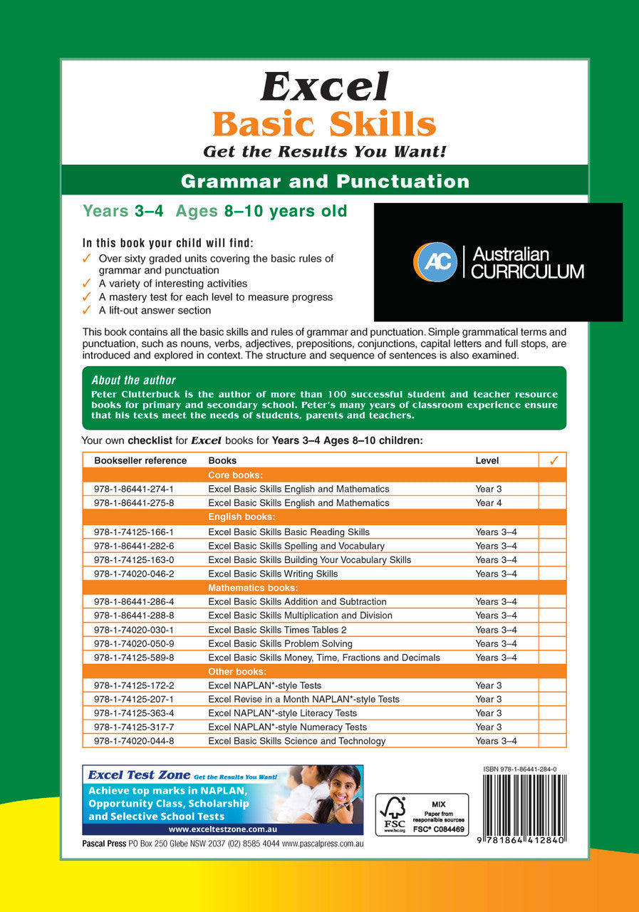 Further page image from the Pascal Press gallery for the Excel Basic Skills Grammar and Punctuation Years 3-4 workbook, such as the back cover or extra sample page