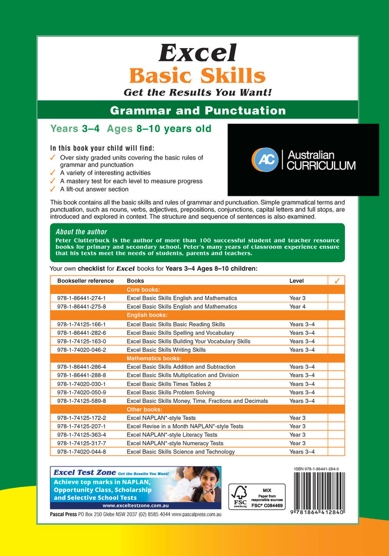Further page image from the Pascal Press gallery for the Excel Basic Skills Grammar and Punctuation Years 3-4 workbook, such as the back cover or extra sample page