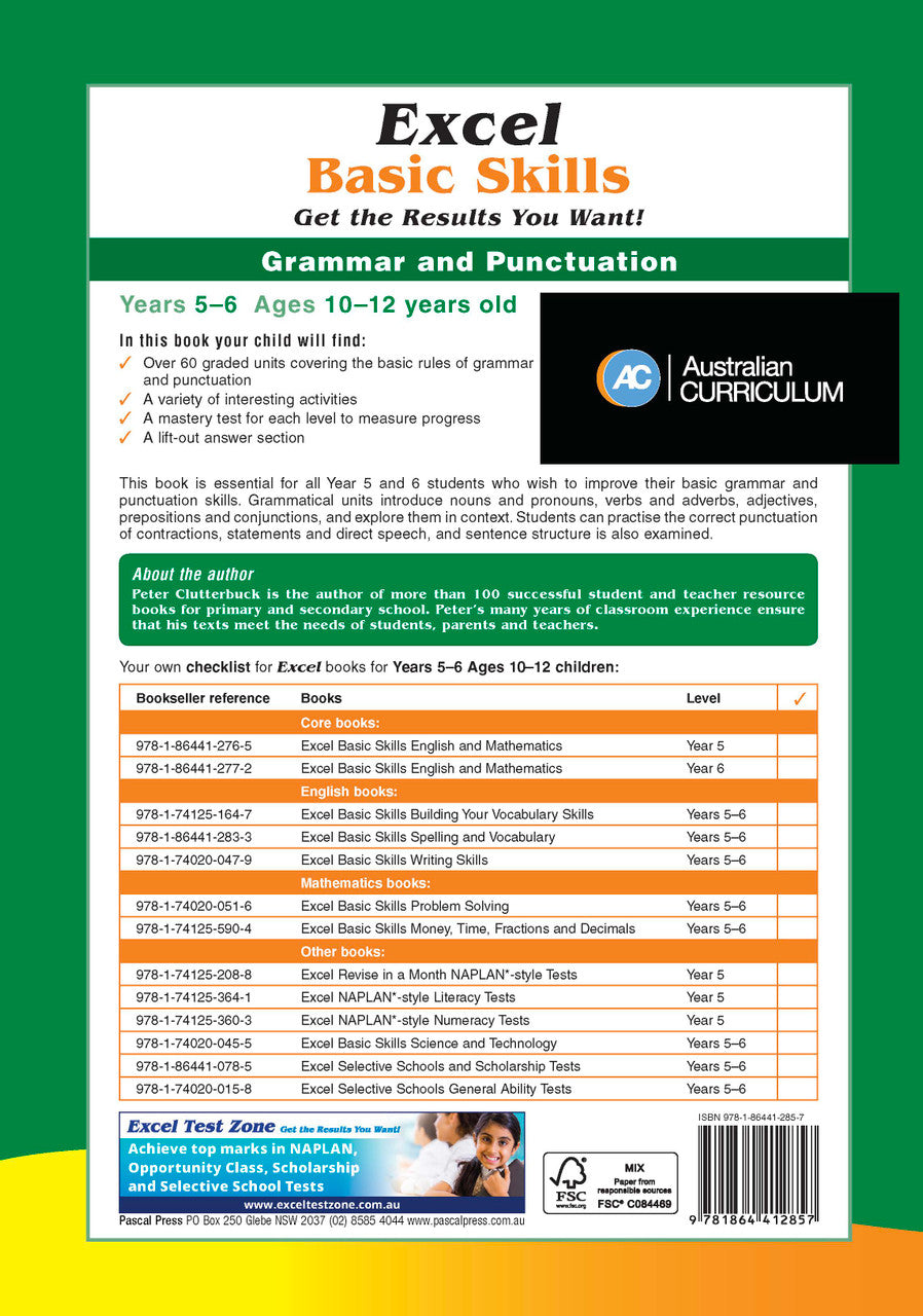 Further page image from the Pascal Press gallery for the Excel Basic Skills Grammar and Punctuation Years 5-6 workbook, such as the back cover or extra sample page