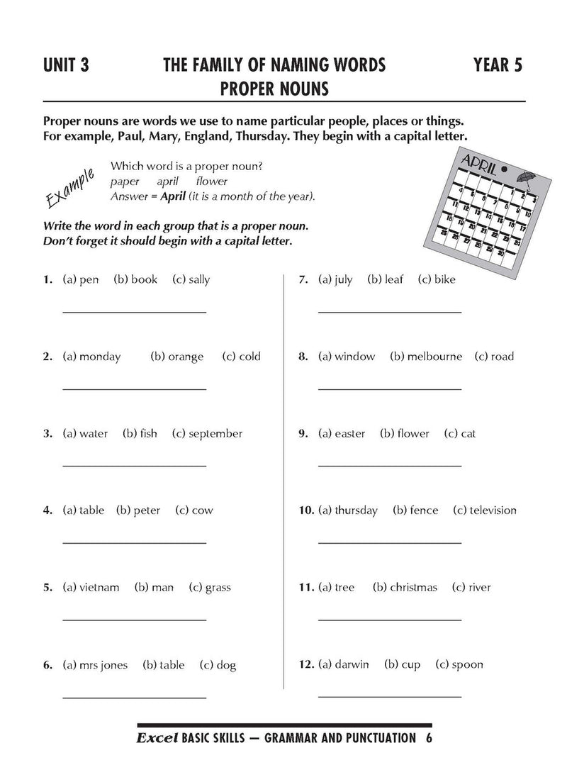 Sample interior page from the Excel Basic Skills Grammar and Punctuation Years 5-6 workbook as shown in the Pascal Press gallery