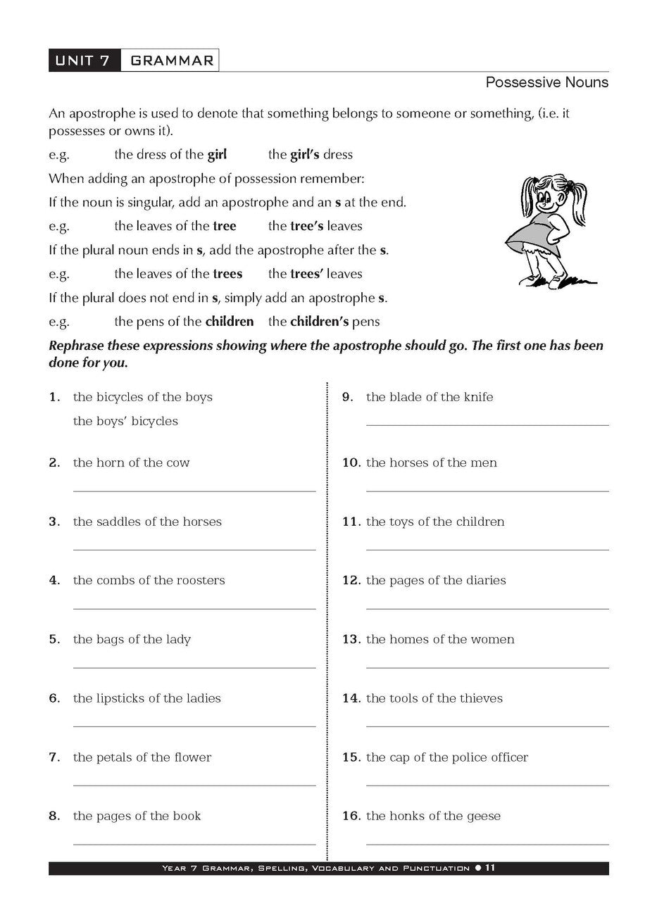 Sample interior page from the Excel Basic Skills Grammar Spelling Vocabulary and Punctuation Year 7 workbook as shown in the Pascal Press gallery