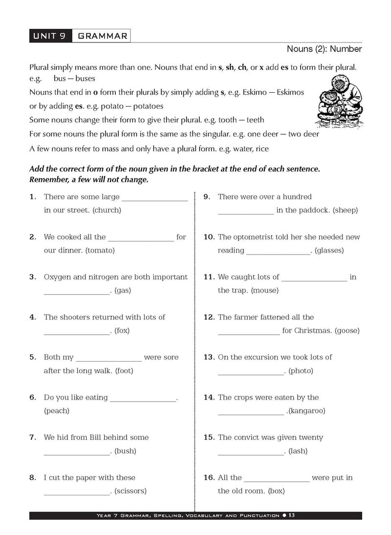 Sample interior page from the Excel Basic Skills Grammar Spelling Vocabulary and Punctuation Year 7 workbook as shown in the Pascal Press gallery