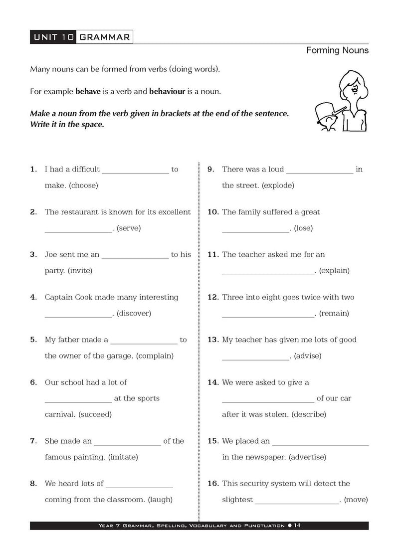Sample interior page from the Excel Basic Skills Grammar Spelling Vocabulary and Punctuation Year 7 workbook as shown in the Pascal Press gallery