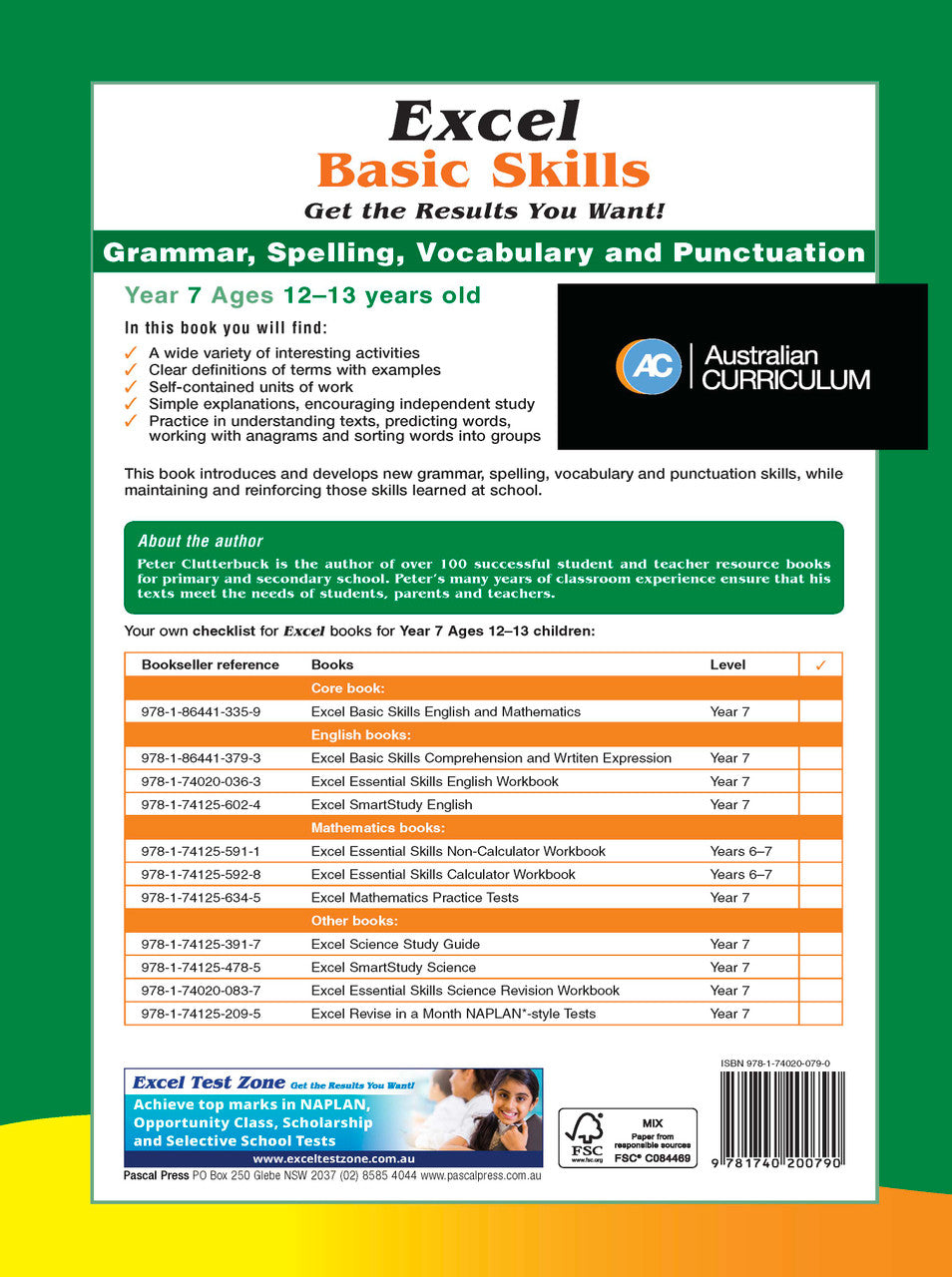 Further page image from the Pascal Press gallery for the Excel Basic Skills Grammar Spelling Vocabulary and Punctuation Year 7 workbook, such as the back cover or extra sample page