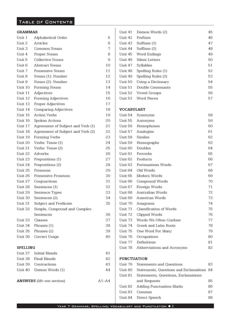Sample interior page from the Excel Basic Skills Grammar Spelling Vocabulary and Punctuation Year 7 workbook as shown in the Pascal Press gallery