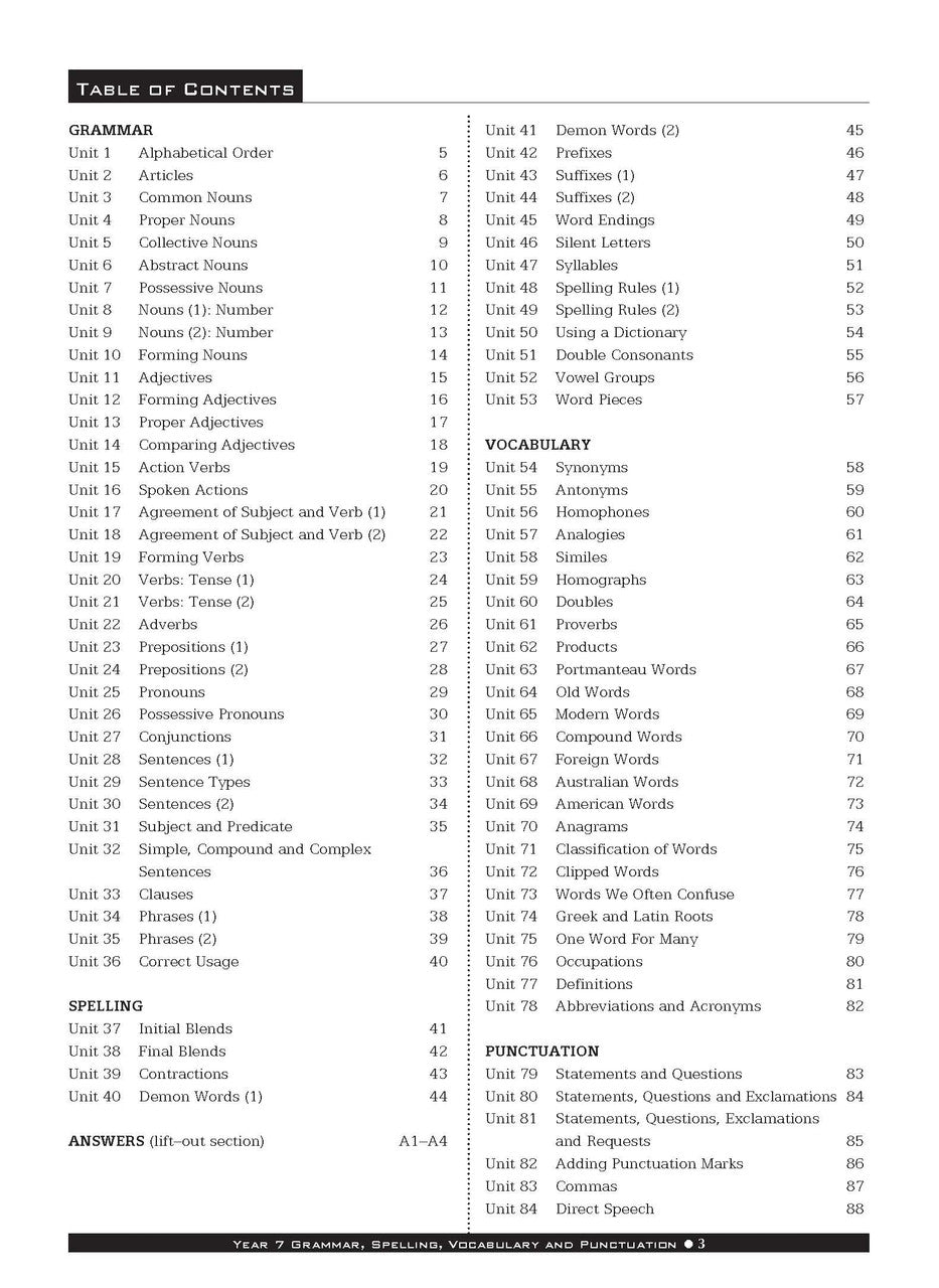 Sample interior page from the Excel Basic Skills Grammar Spelling Vocabulary and Punctuation Year 7 workbook as shown in the Pascal Press gallery