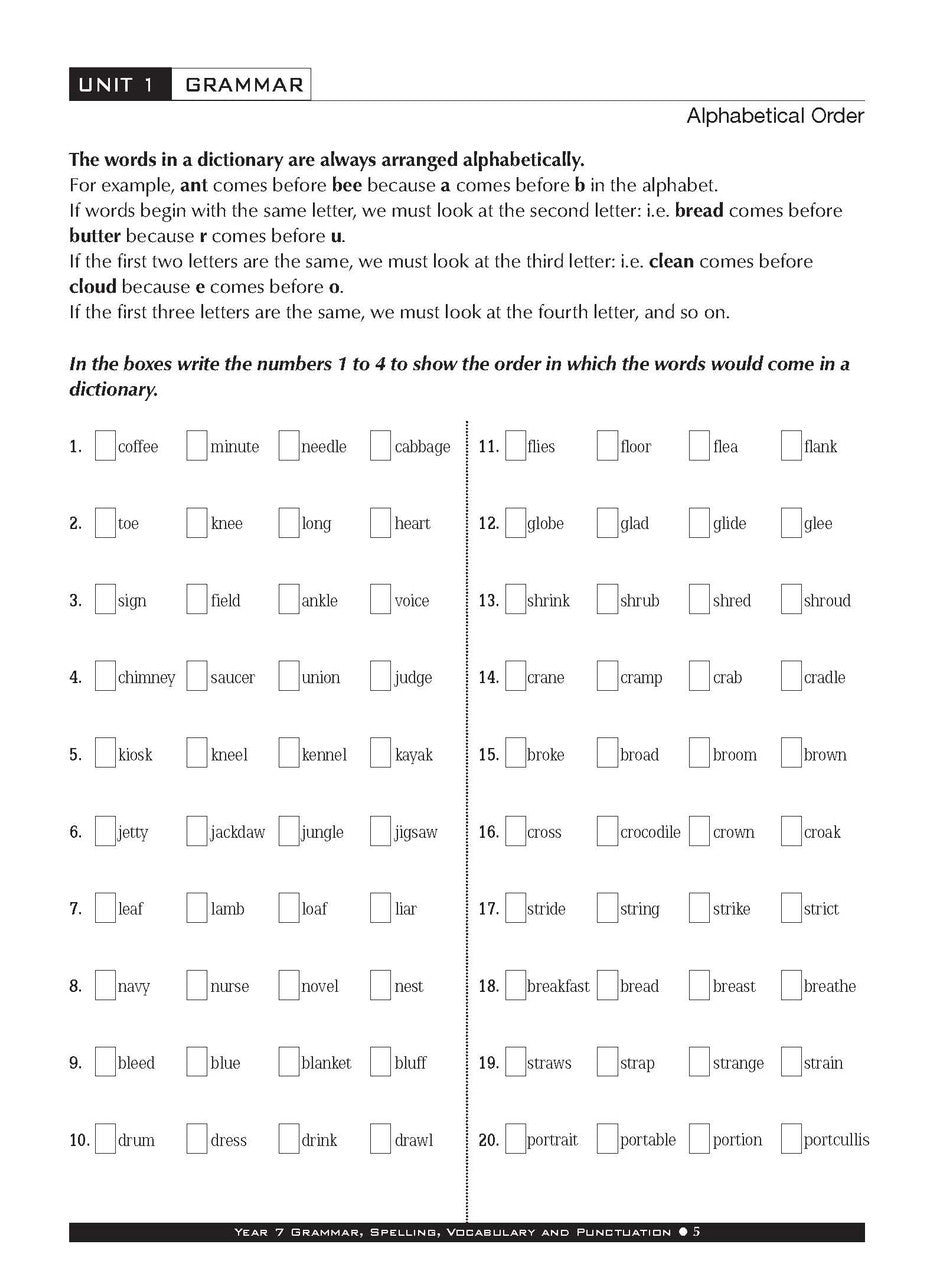 Sample interior page from the Excel Basic Skills Grammar Spelling Vocabulary and Punctuation Year 7 workbook as shown in the Pascal Press gallery