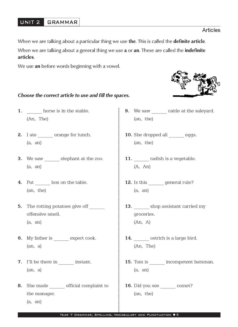 Sample interior page from the Excel Basic Skills Grammar Spelling Vocabulary and Punctuation Year 7 workbook as shown in the Pascal Press gallery