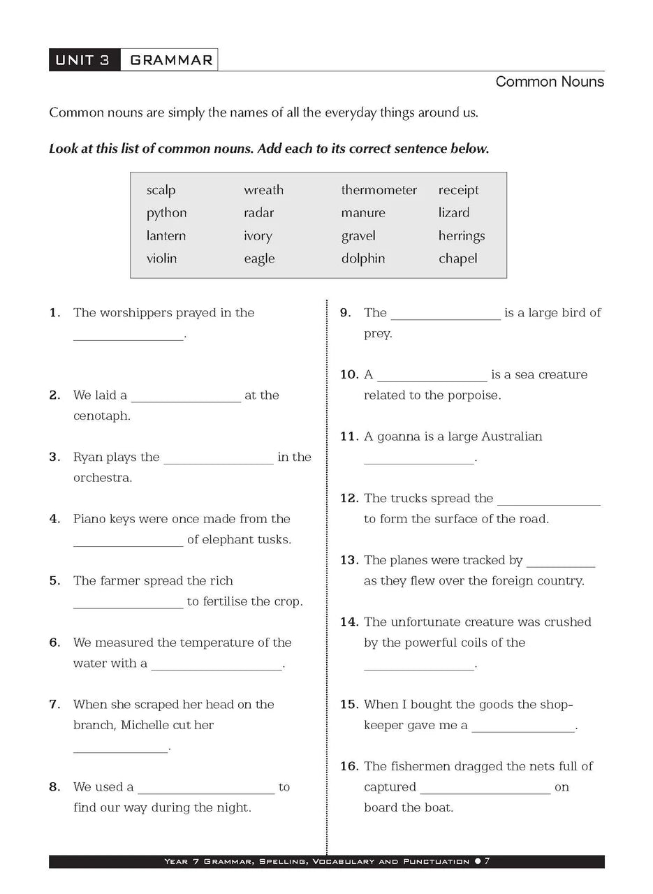 Sample interior page from the Excel Basic Skills Grammar Spelling Vocabulary and Punctuation Year 7 workbook as shown in the Pascal Press gallery