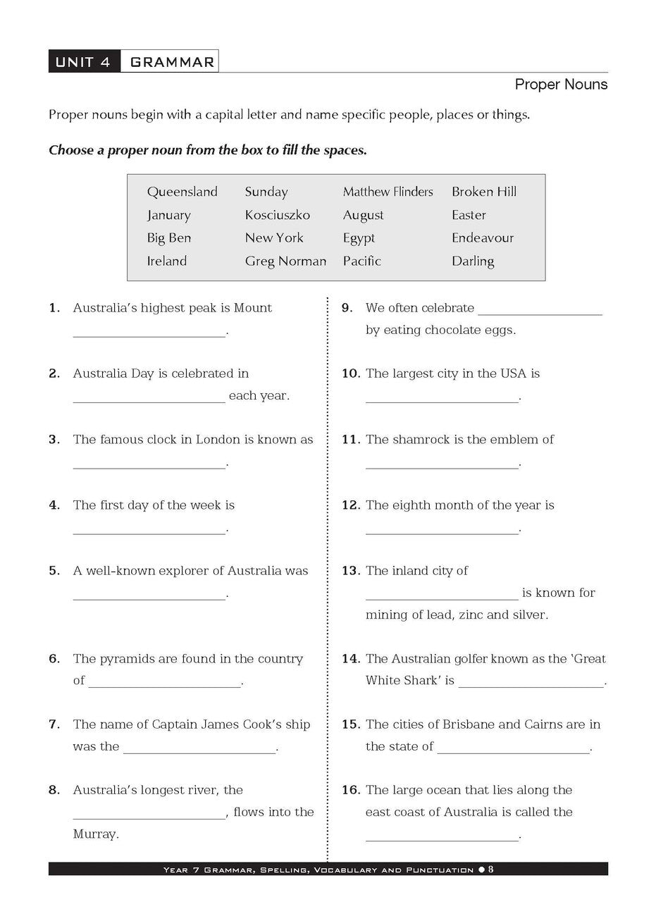 Sample interior page from the Excel Basic Skills Grammar Spelling Vocabulary and Punctuation Year 7 workbook as shown in the Pascal Press gallery